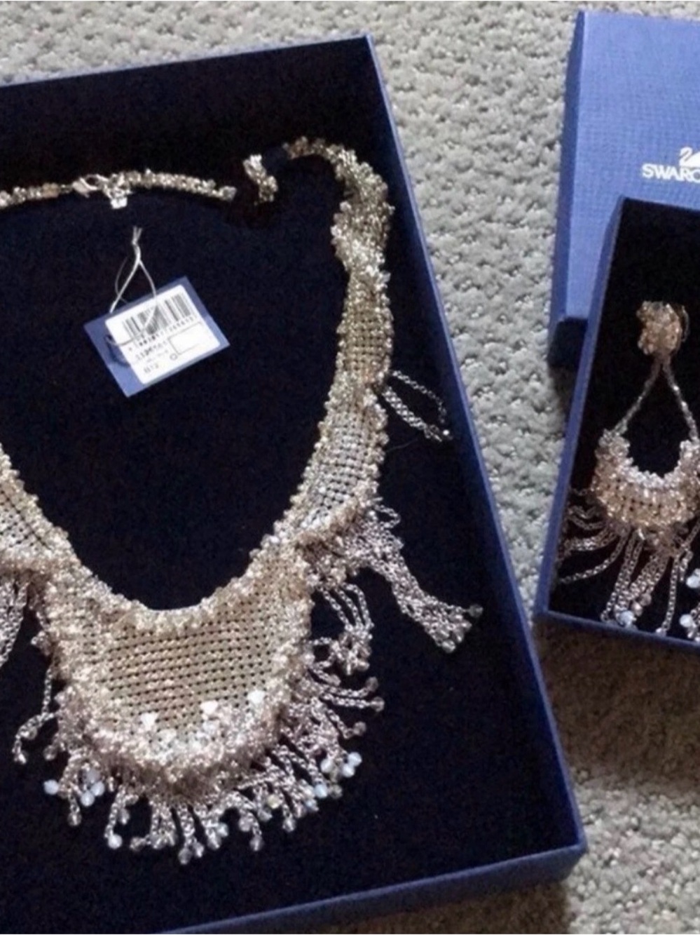 Swarovski Gold Crystal Fringe Collar Necklace and Dangle Earrings Set